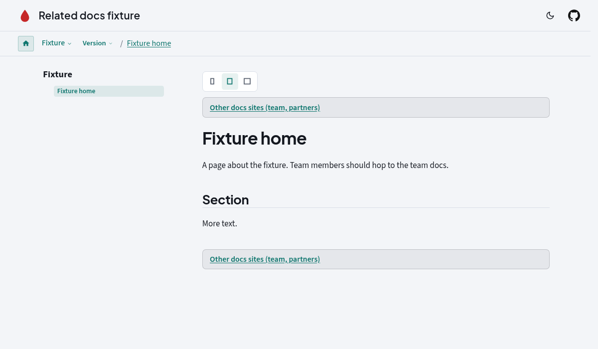 Related-docs link above a page title in the Valentus theme